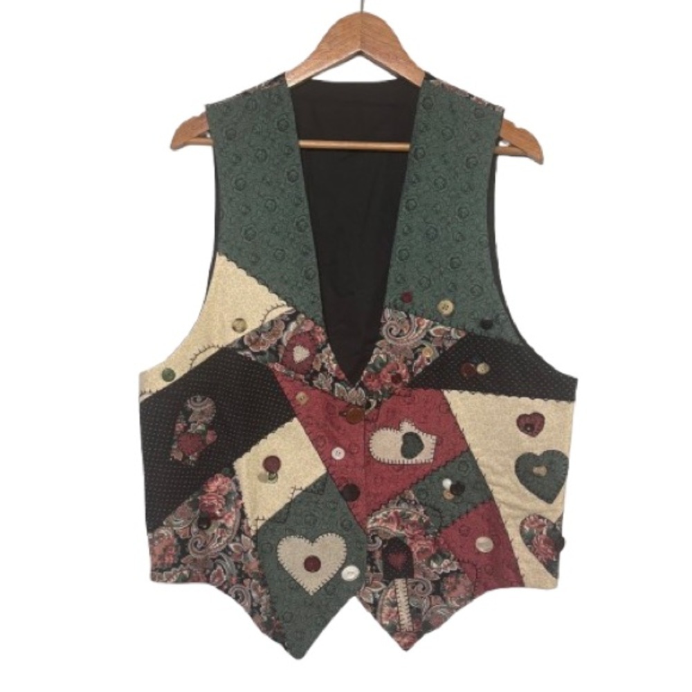 Handmade Heart Appliqué Patchwork Cottagecore Vest Folk Art Style Size L